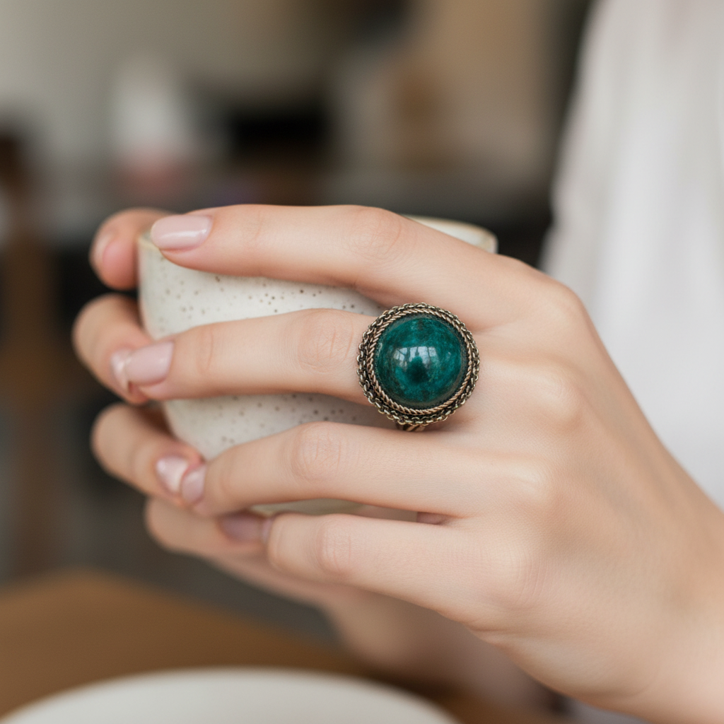 Hand holding a ceramic mug with a decorative ring on a blurred background