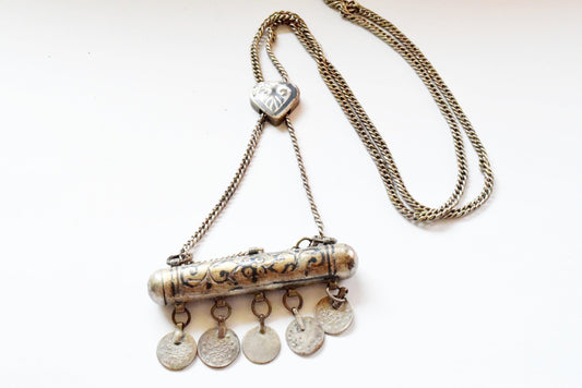 Antique Ottoman Silver and Niello Amulet Necklace - Anteeka