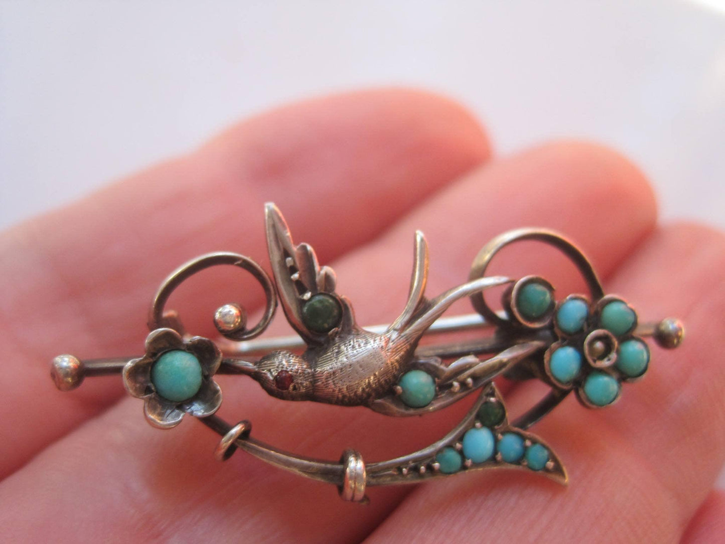 Antique Victorian Silver and Turquoise Swallow Bird Brooch or Pin - Anteeka
