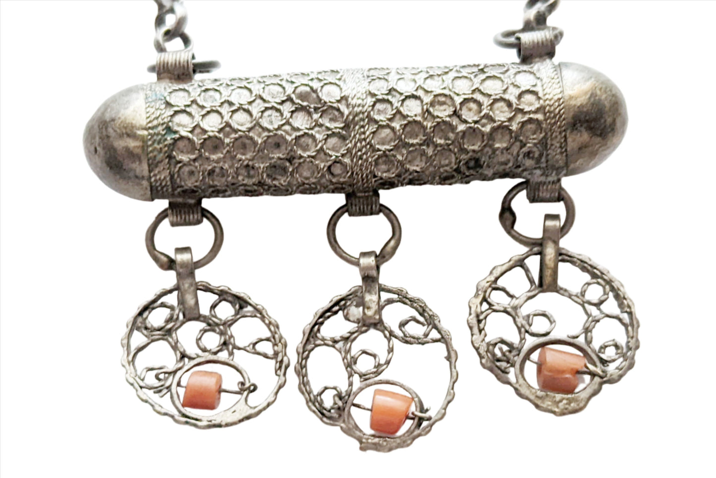 Antique Ottoman Silver and Coral Amulet Necklace
