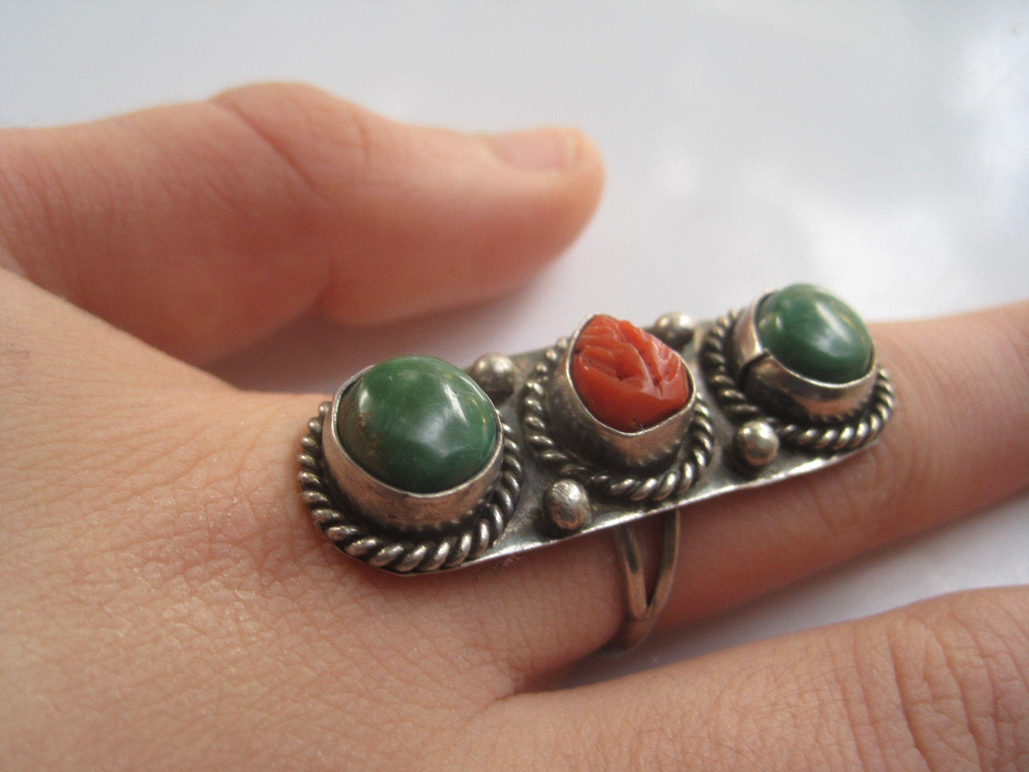 Vintage Asian Green Turquoise and Coral Long Size 8 1/2 Sterling Silver Ring - Anteeka
