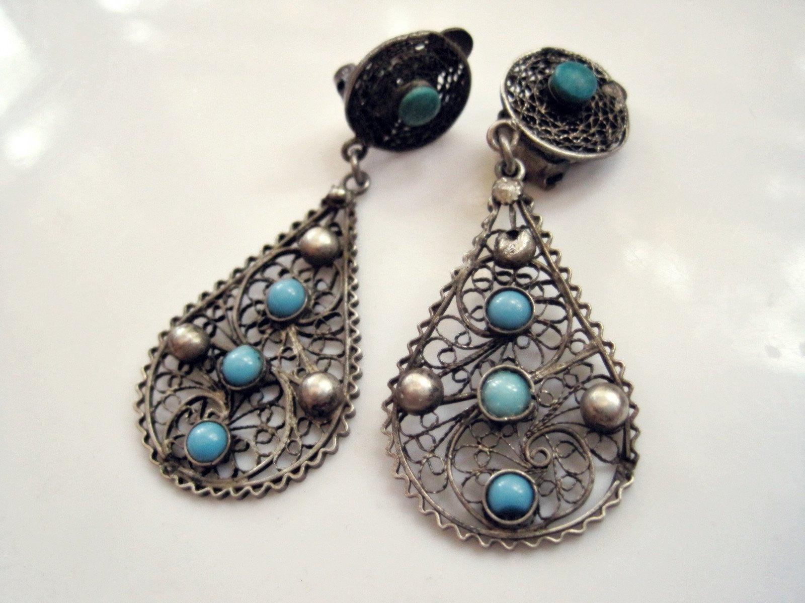 Unique! Egyptian Old Soild Silver Beautiful Earrings With Natural Egyptian Turquoise top Stone