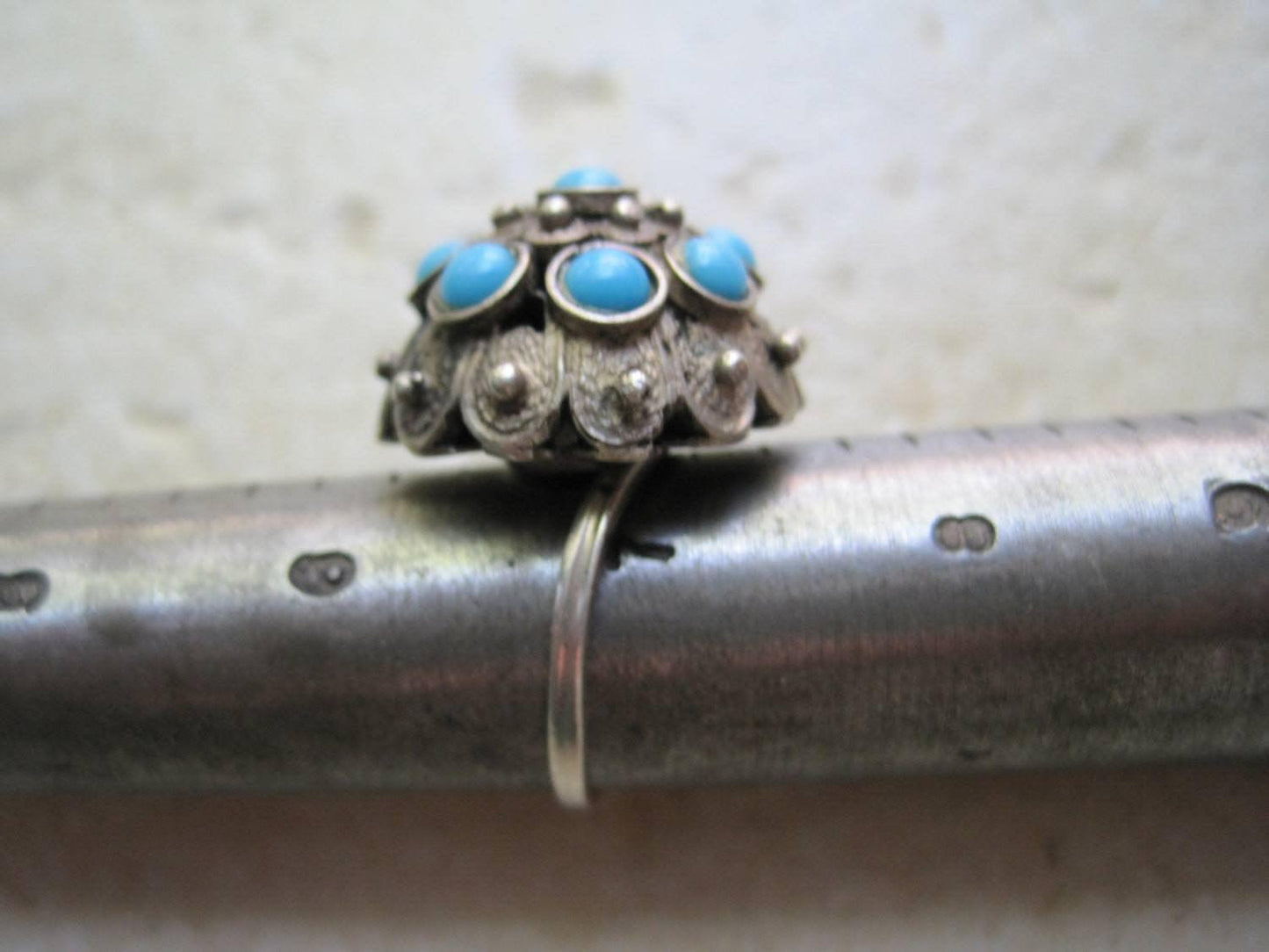 Vintage Etruscan Style Sterling Silver Filigree and Turquoise Cluster Ring - Anteeka