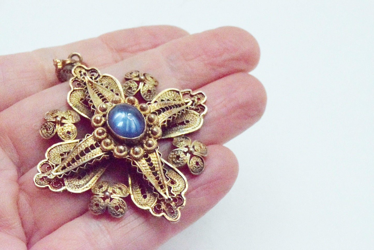 Vintage Gold Gilt Silver Filigree Jerusalem Cross Pendant with Blue Stone - Anteeka