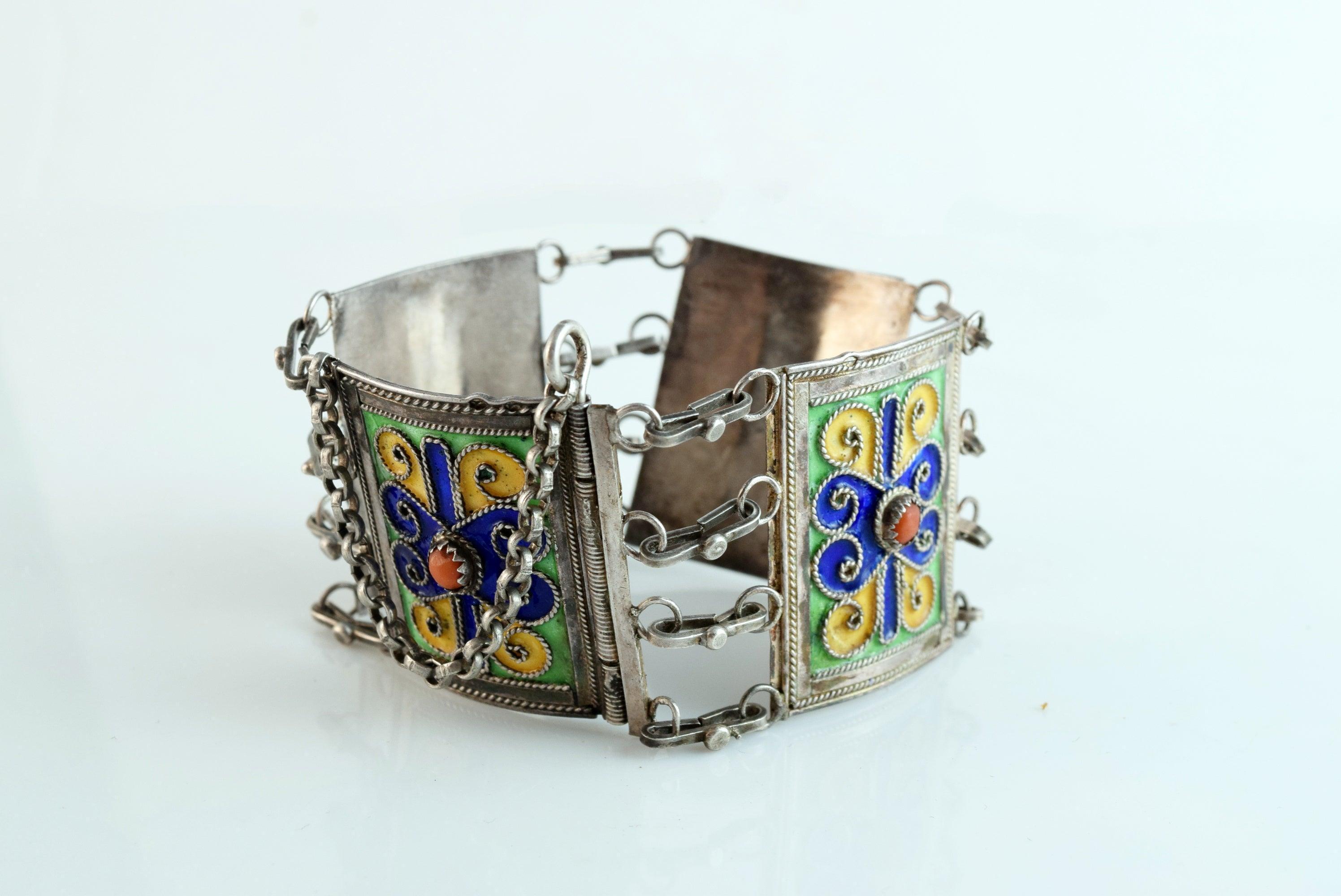 Vintage Kabyle Berber Silver Enamel Link Bracelet