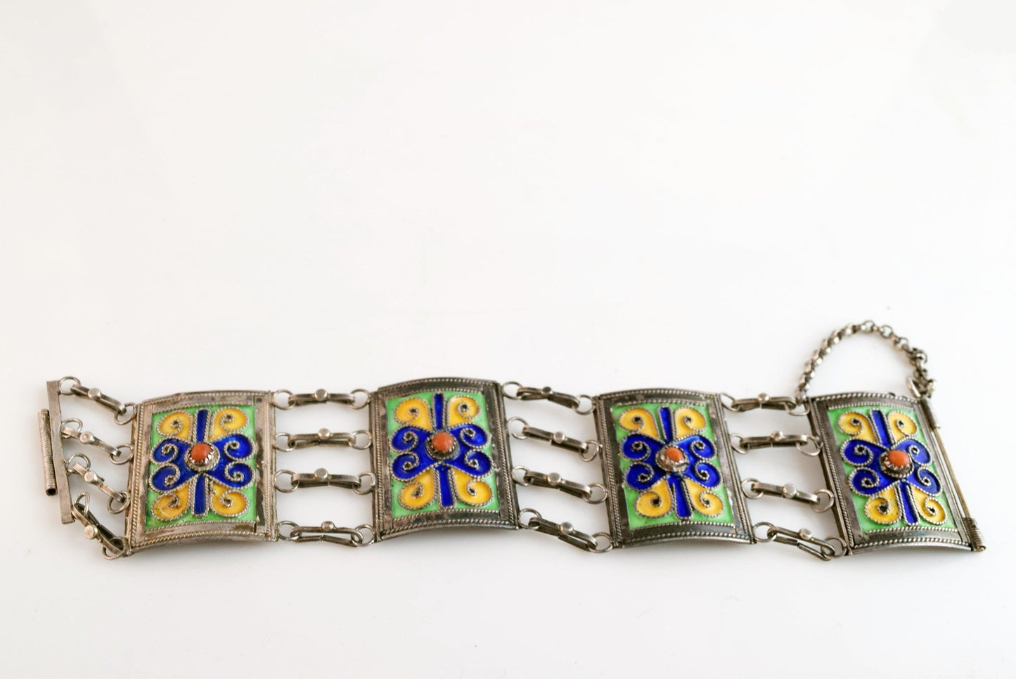 Vintage Kabyle Berber Silver Enamel and Coral Link Bracelet - Anteeka