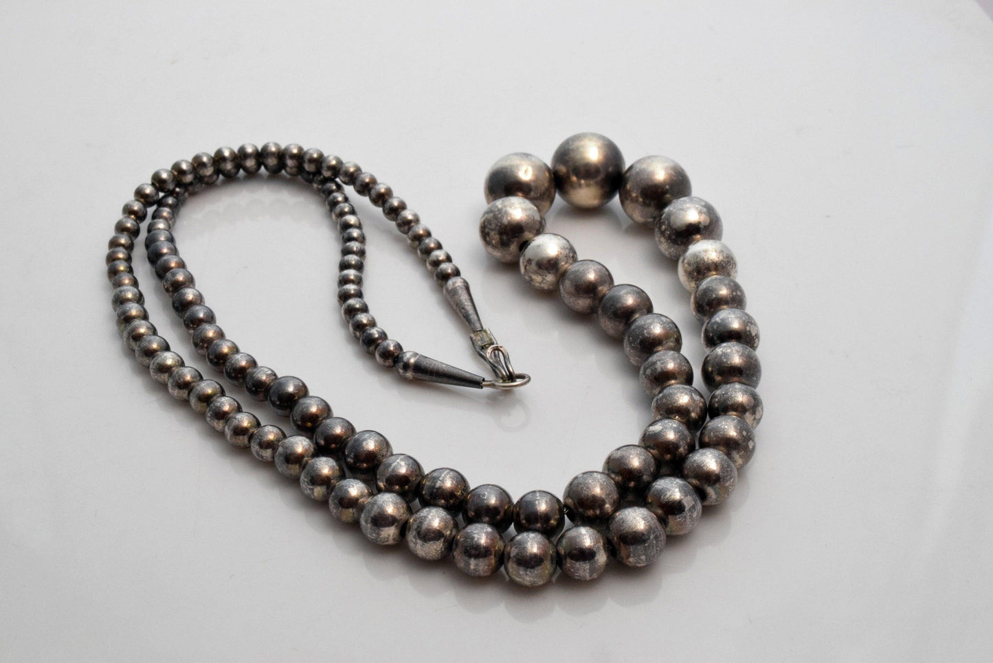 Vintage Long Navajo Sterling Silver Ball Necklace with Graduated Bench Beads - Anteeka