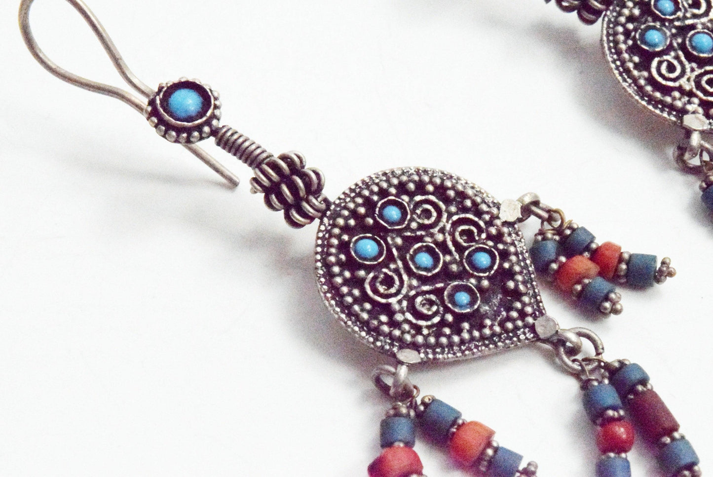 Vintage Long Silver Afghan Earrings with Turquoise and Red Beads - Anteeka