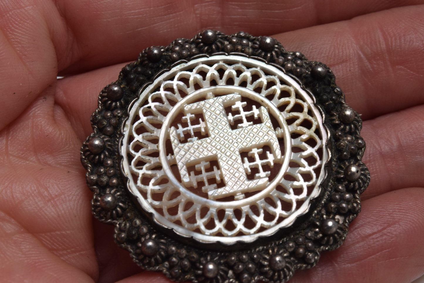 Vintage Silver and Carved Mother of Pearl Cross Brooch or Pendant From the Holy Land - Anteeka