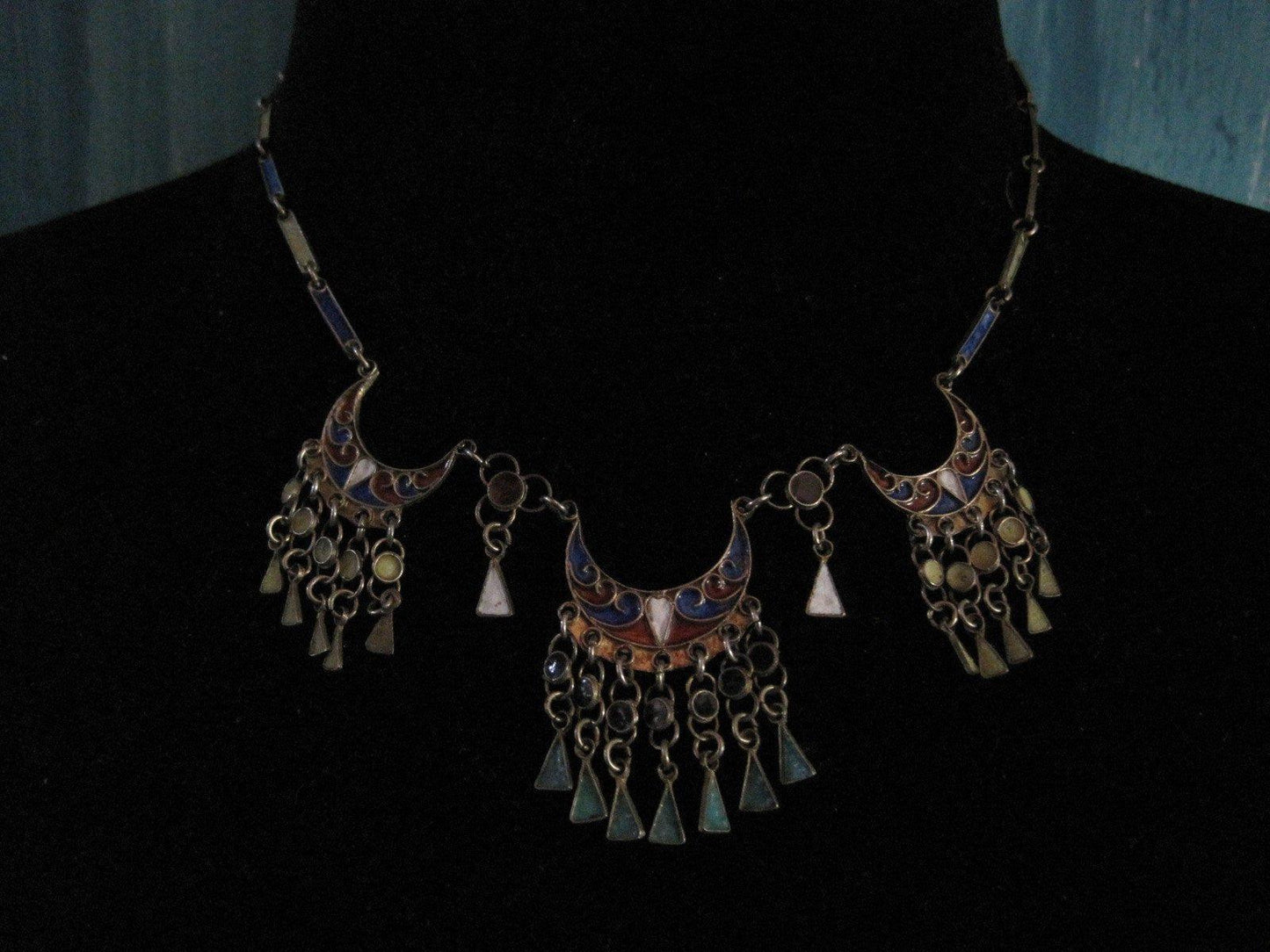 Vintage Silver and Enamel Kabyle Style Export Necklace from Algeria with French Hallmark - Anteeka