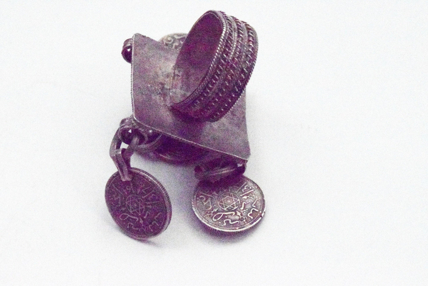 Vintage Silver and Enamel Moroccan Berber Ring with Coins - Anteeka