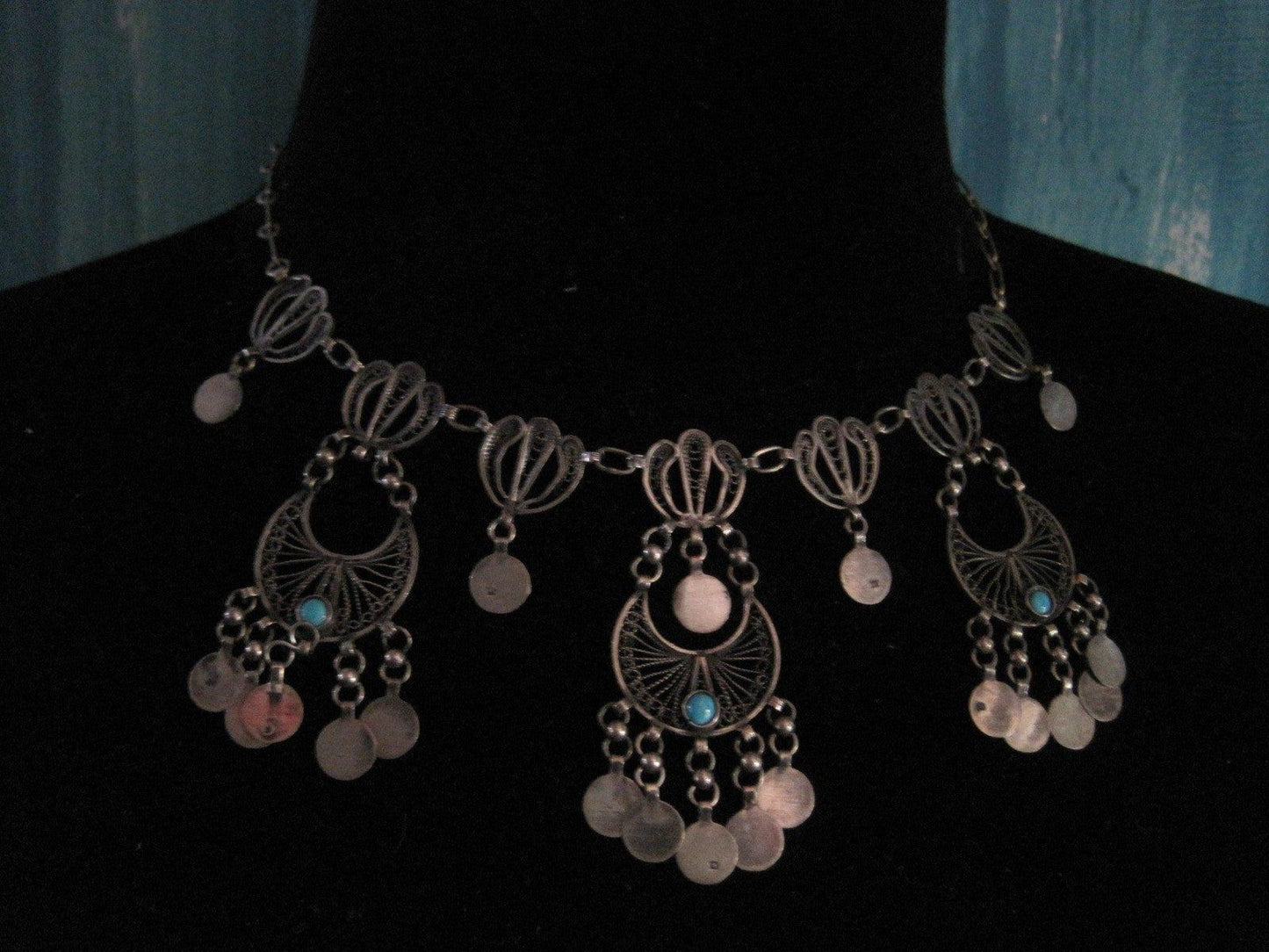 Vintage Silver and Turquoise Pretty Egyptian Choker Necklace with Coin Dangles - Anteeka
