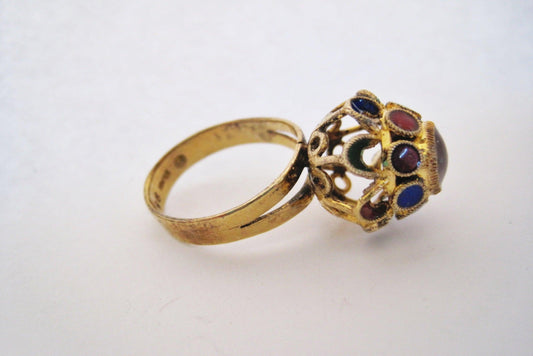 Vintage Silver Chinese Export Ring with Amethyst and Enamel - Anteeka