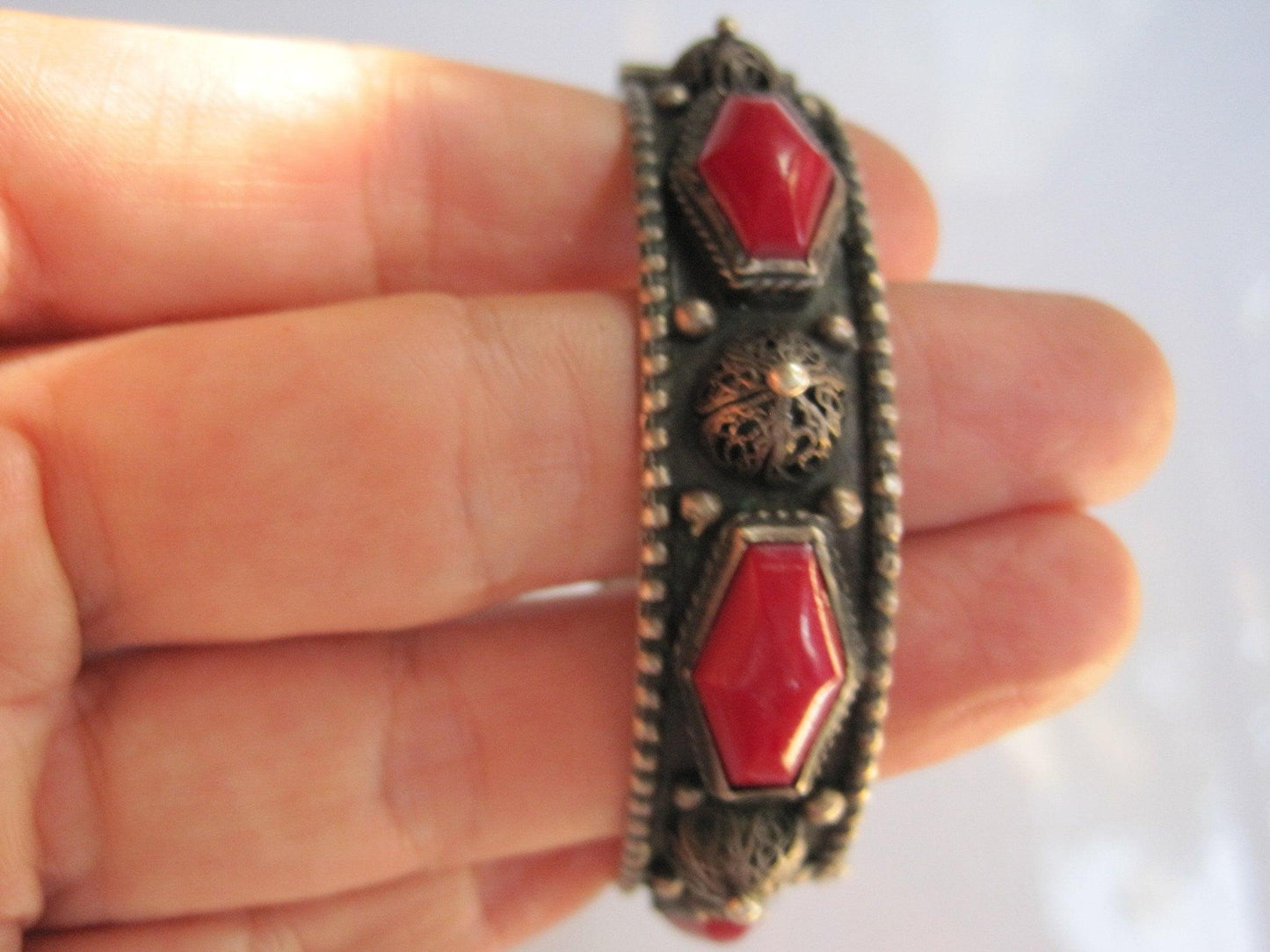 Vintage Silver Hinged North African Berber Bracelet with Red Stones - Anteeka