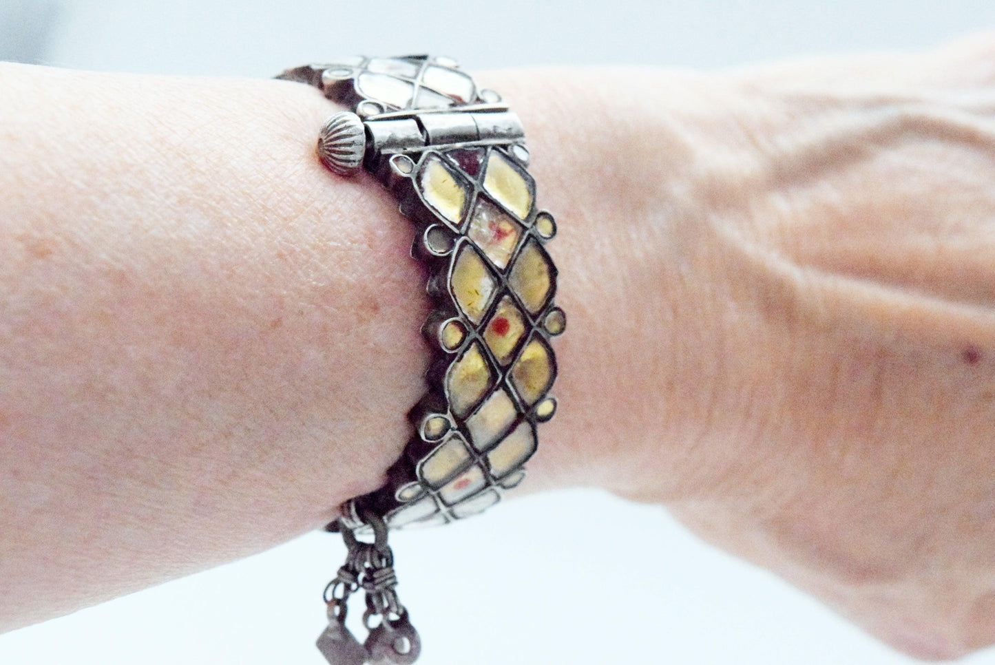 Vintage Silver Indian Bangle with Yellow Glass Insets - Anteeka