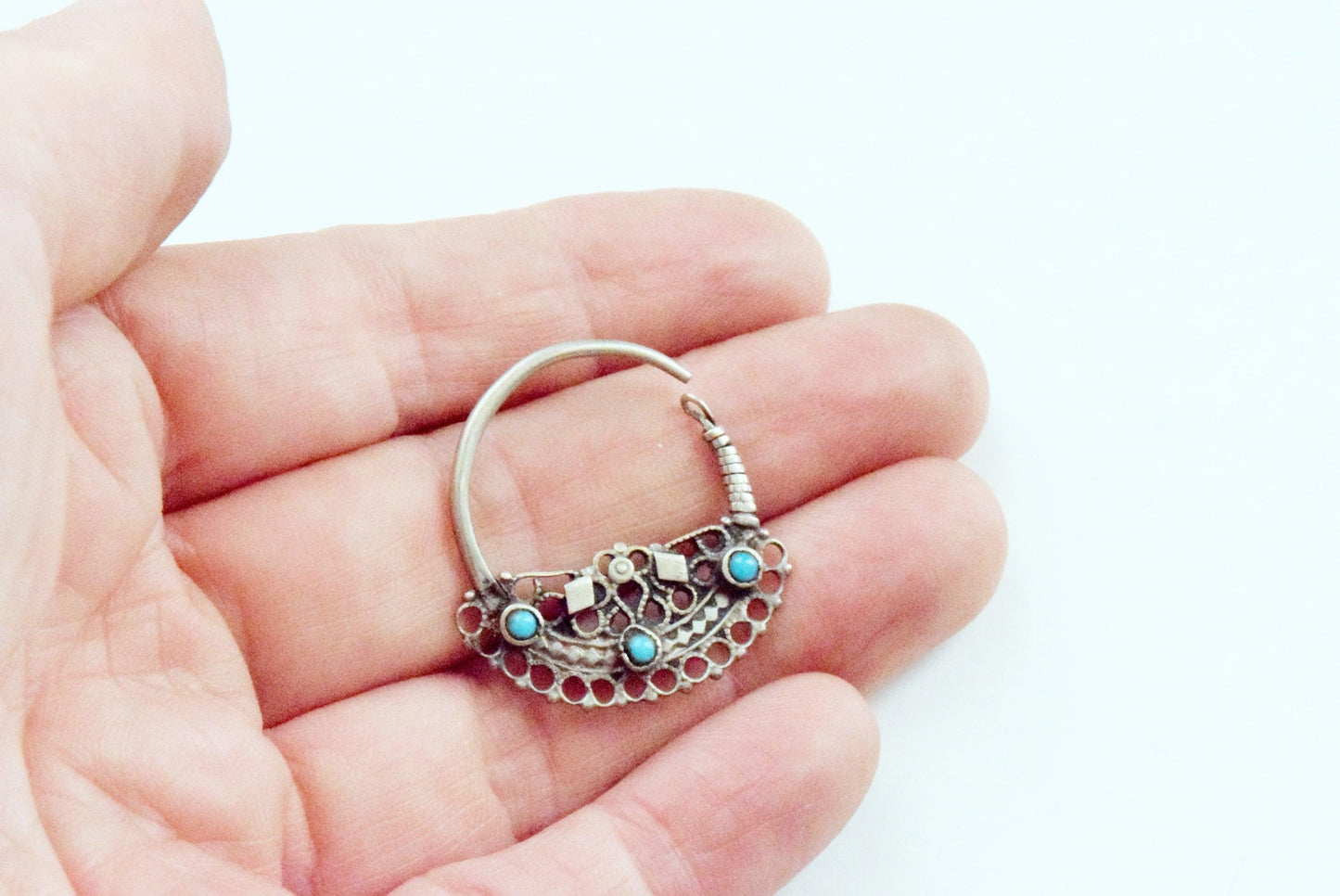 Vintage Small Silver Pashtun Hoop Earrings with Blue Stones - Anteeka