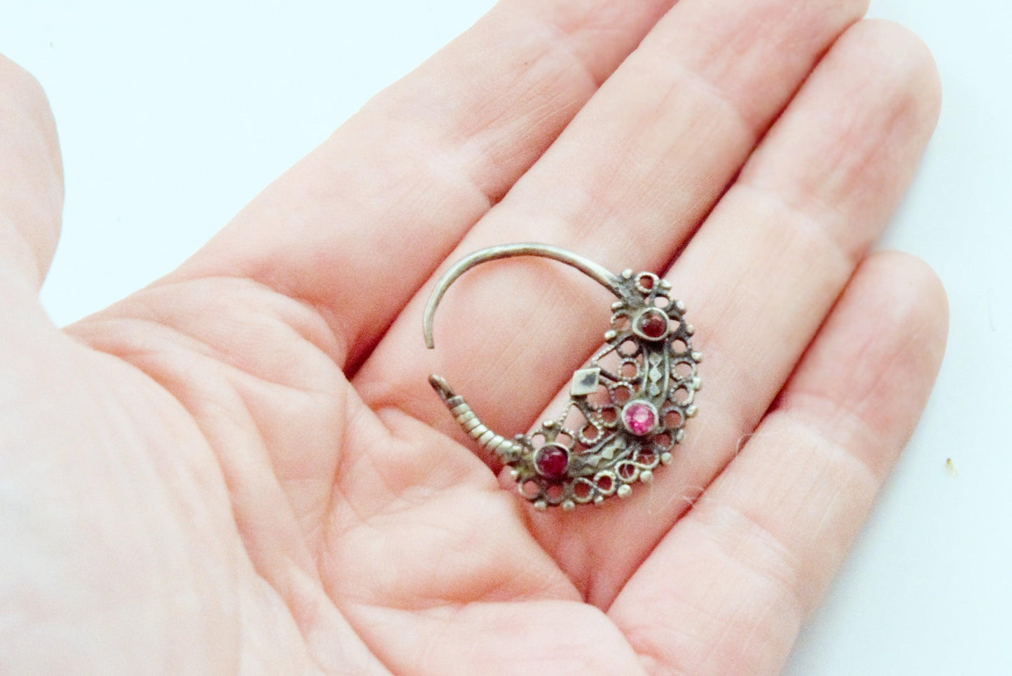 Vintage Small Silver Pashtun Hoop Earrings with Pink Paste - Anteeka