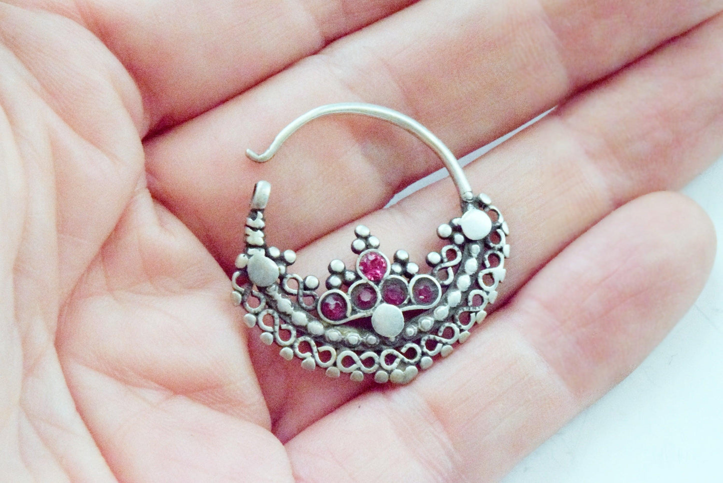 Vintage Small Silver Pashtun Hoop Earrings with Pink Paste - Anteeka