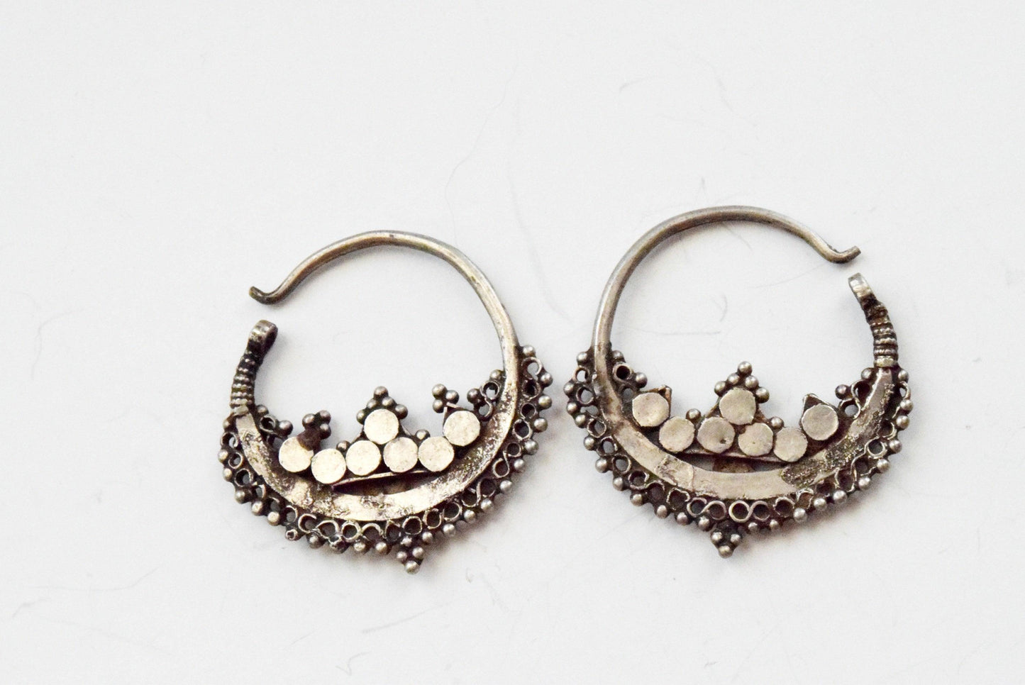 Vintage Small Silver Pashtun Hoop Earrings with Red and Green Paste - Anteeka