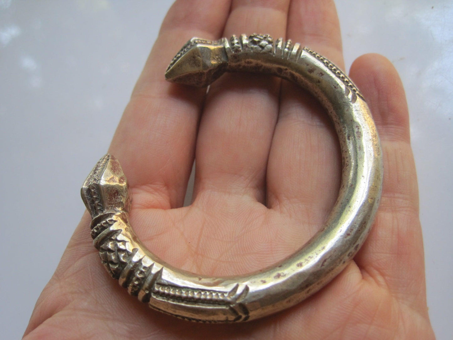 Vintage Solid Bedouin Cuff with Stylized Snake Head Finials - Anteeka