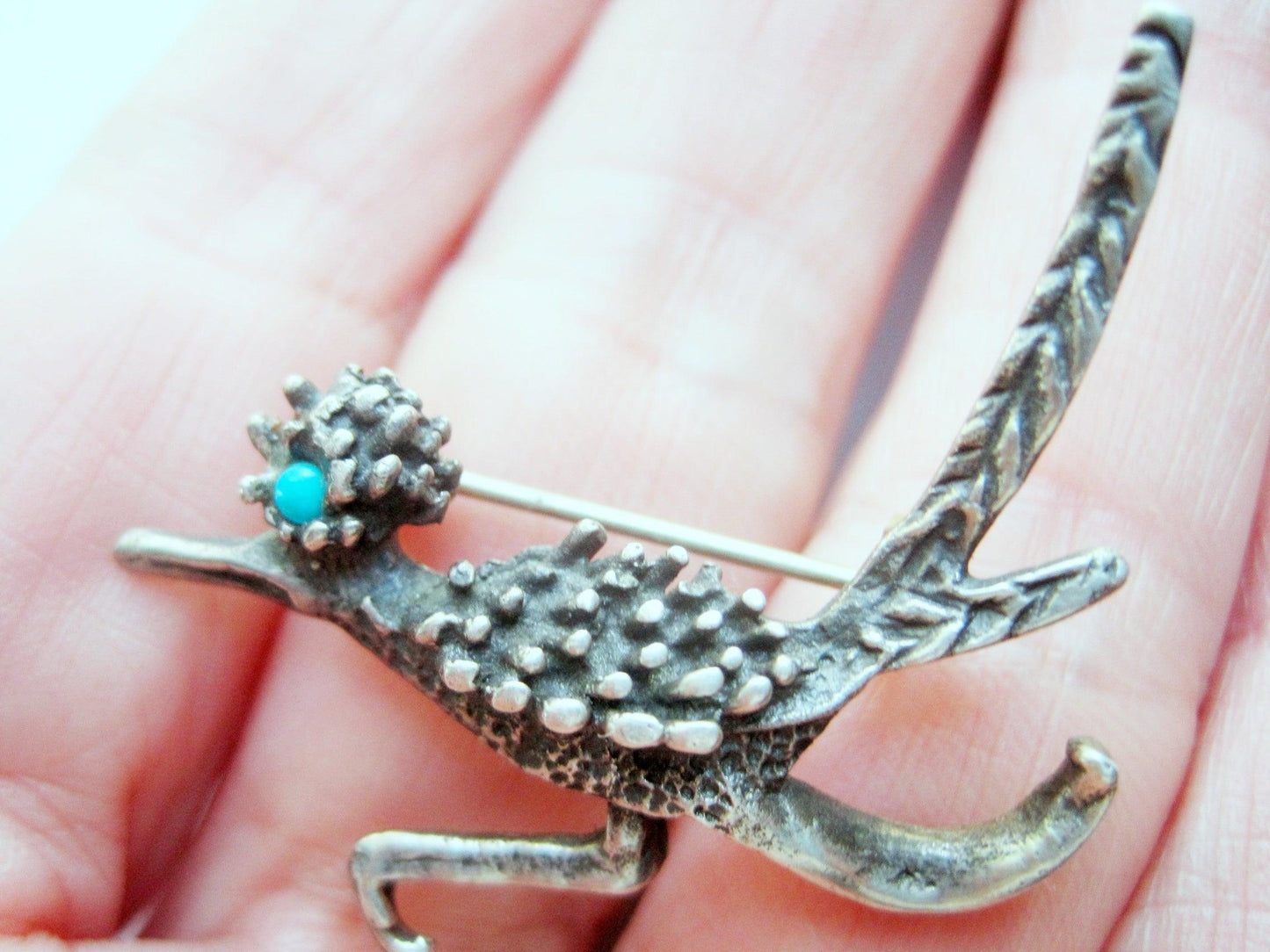 Vintage Southwestern Silver and Turquoise Roadrunner Brooch - Anteeka