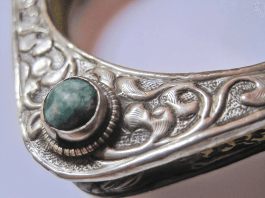 Vintage Square Carved Animal Yellow Resin Bracelet from Nepal or Tibet with Silver Metal Overlay - Anteeka