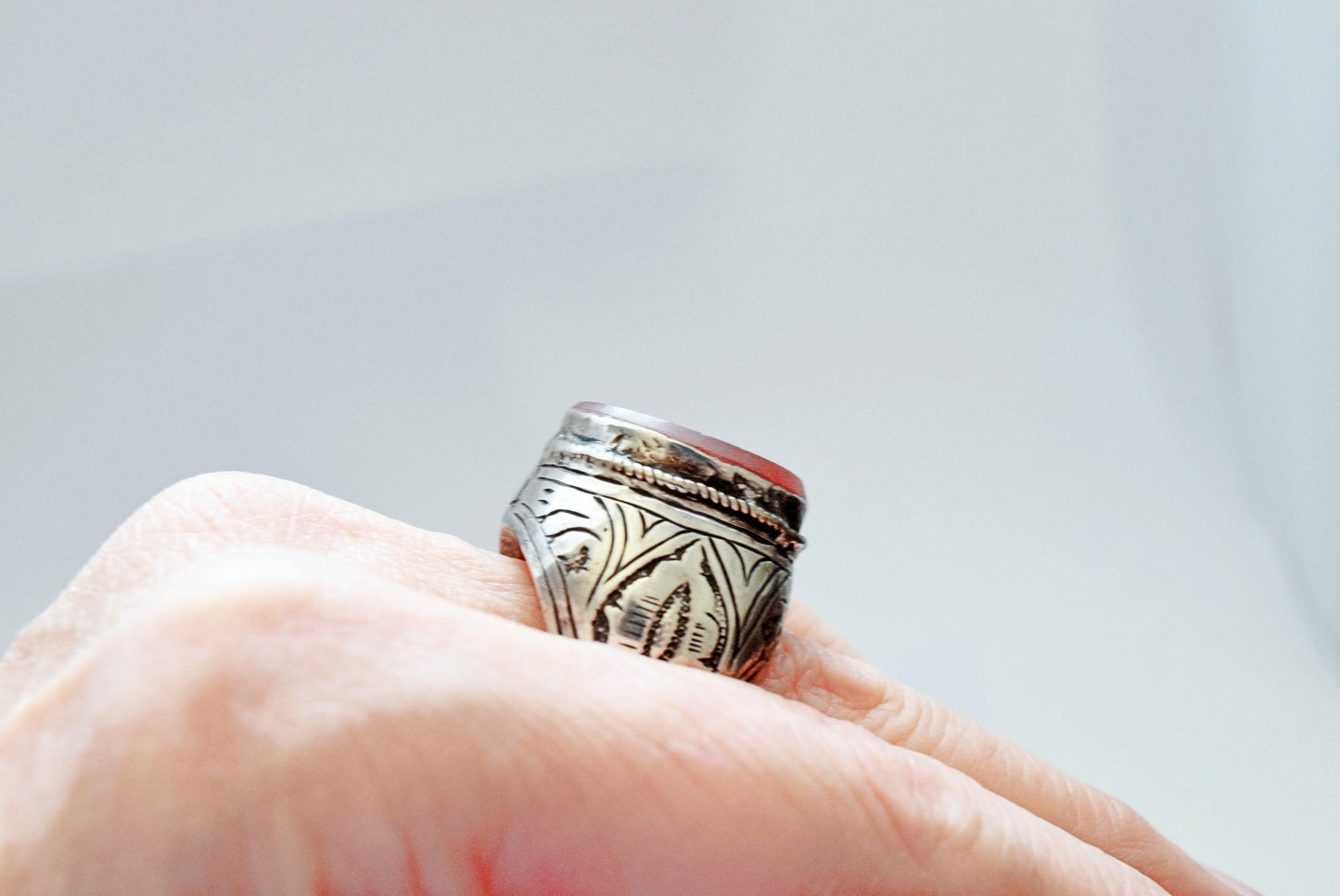 Vintage Tribal Afghan Silver and Carnelian Intaglio Ring Size 10 1/4 - Anteeka