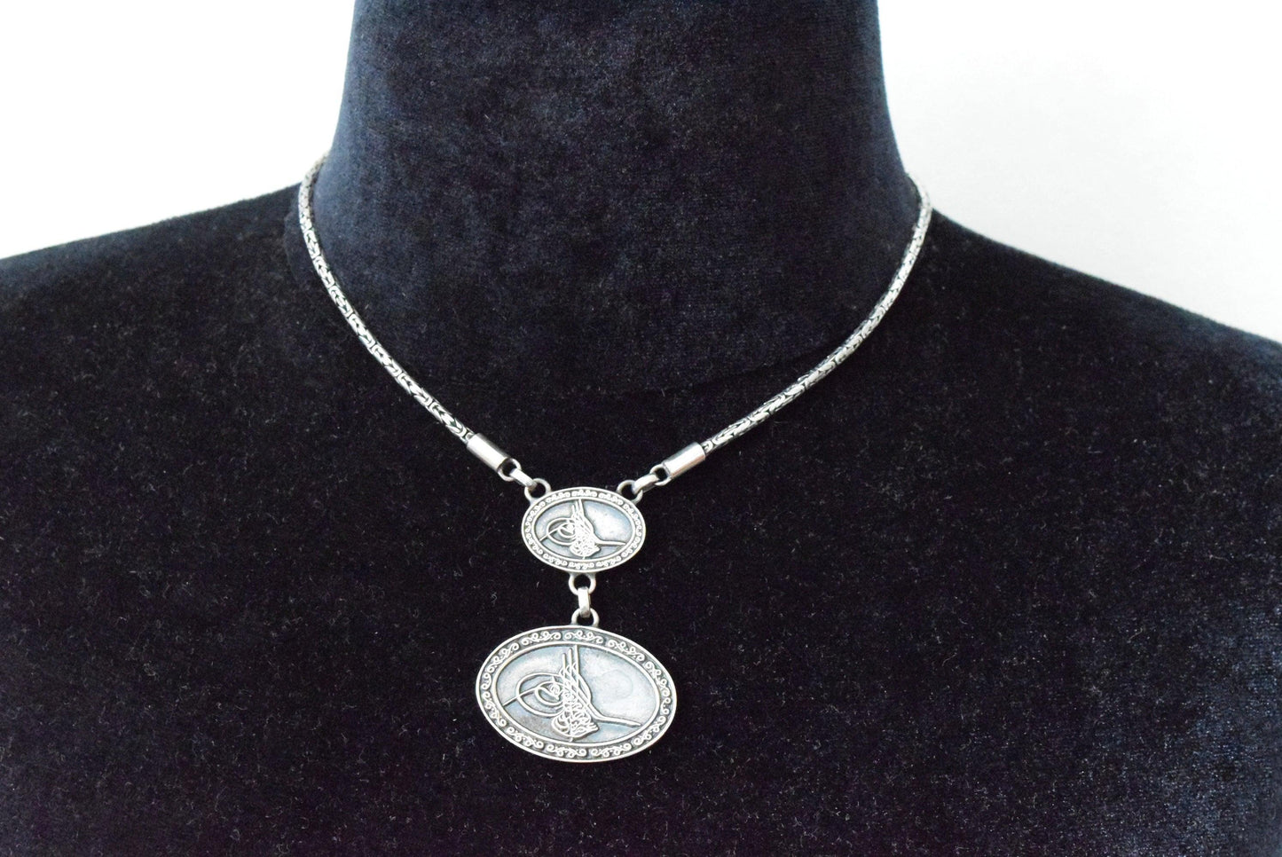 THIS ITEM IS RESERVED - Vintage Turkish Blackened Silver Tughra Necklace - Anteeka