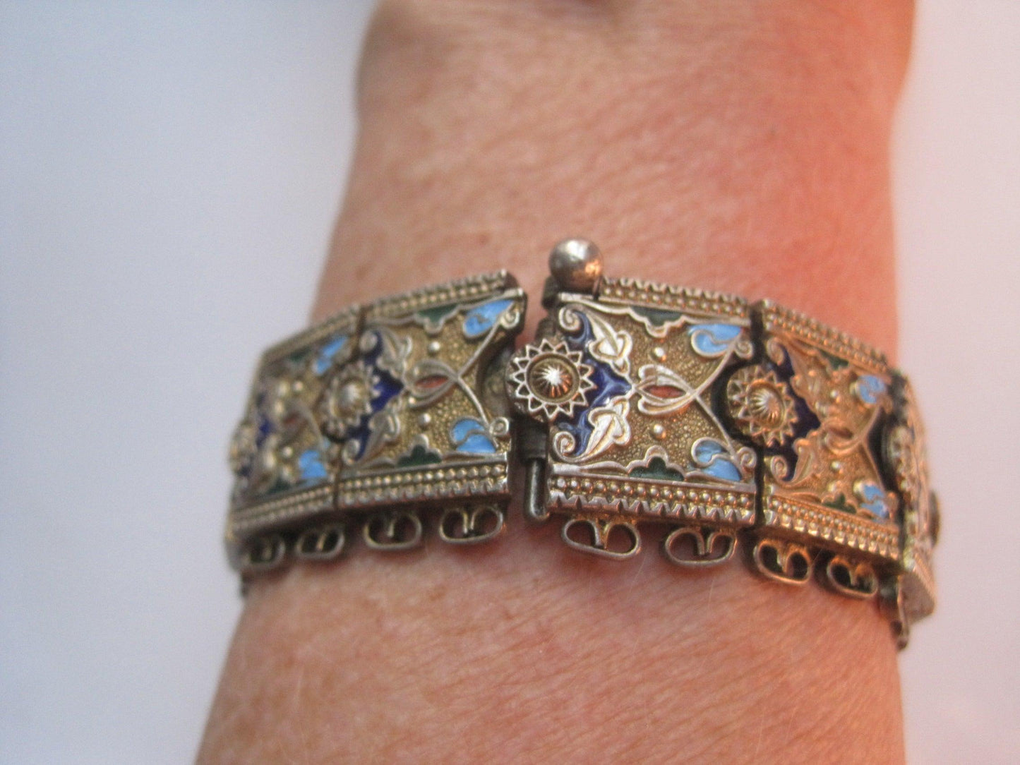 Vintage Turkish Silver and Enamel Caucasian Style Bracelet - Anteeka