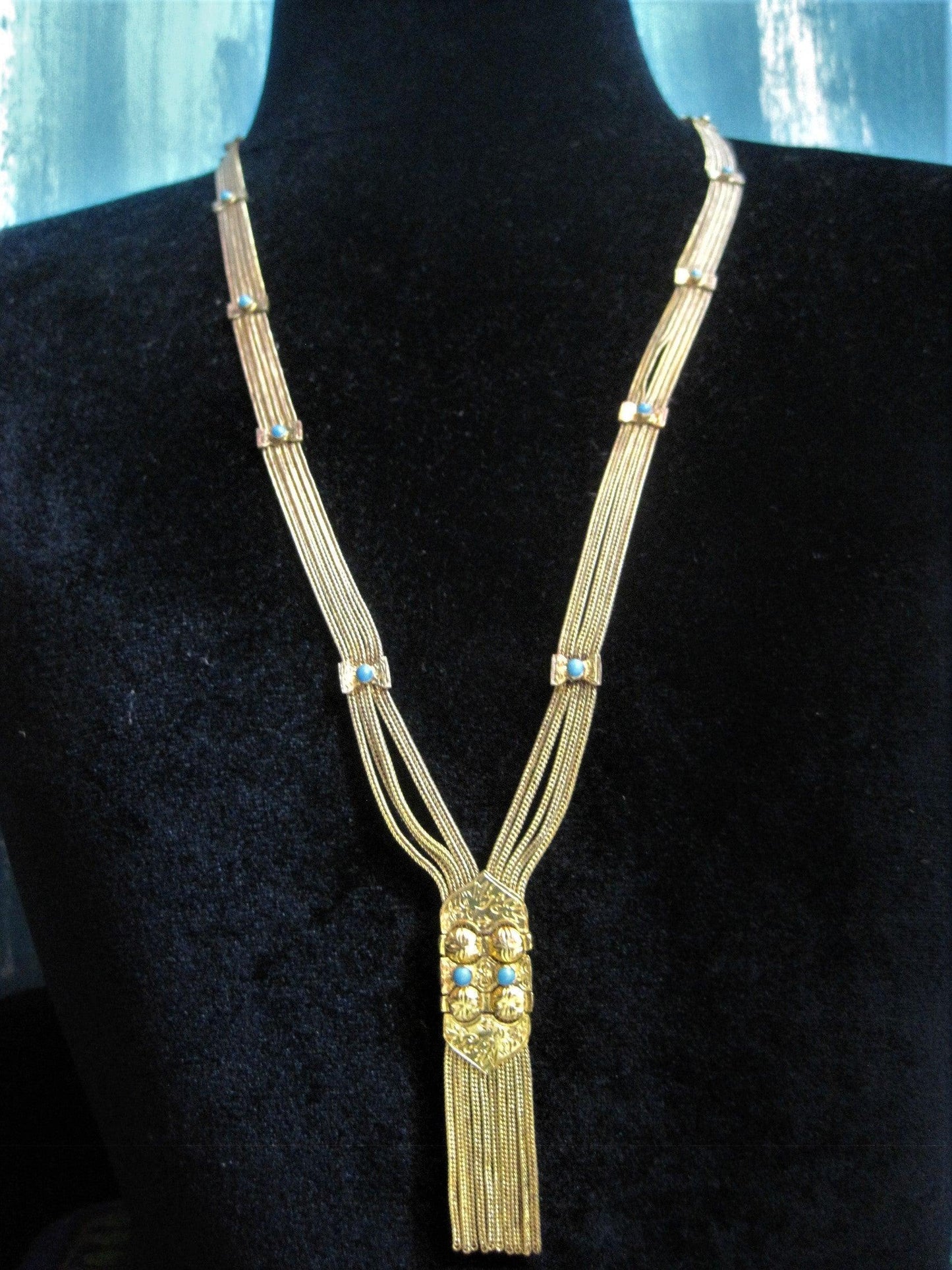 Vintage Turkish Sterling Gold Plated Silver and Turquoise Long Tassel Necklace - Anteeka