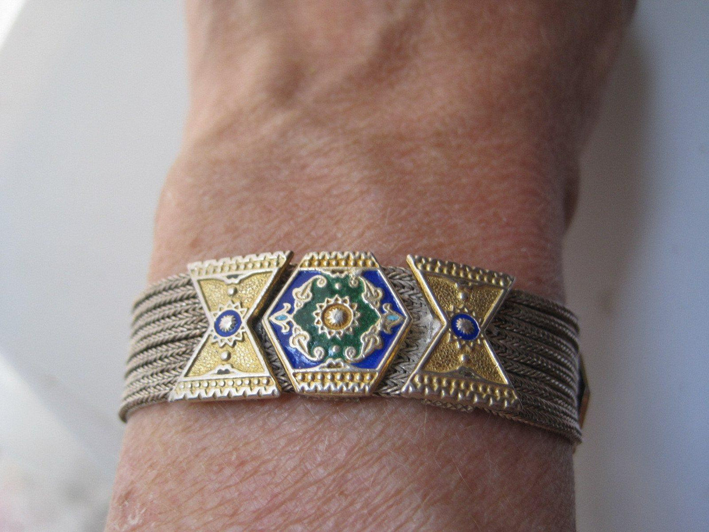 Vintage Turkish Sterling Silver, Gold Plate and Enamel Mesh Bracelet - Anteeka