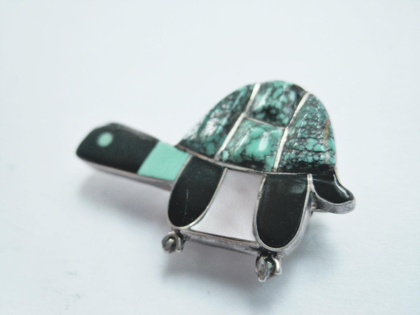 Vintage Zuni Silver and Turquoise Inlay Turtle Brooch - Anteeka