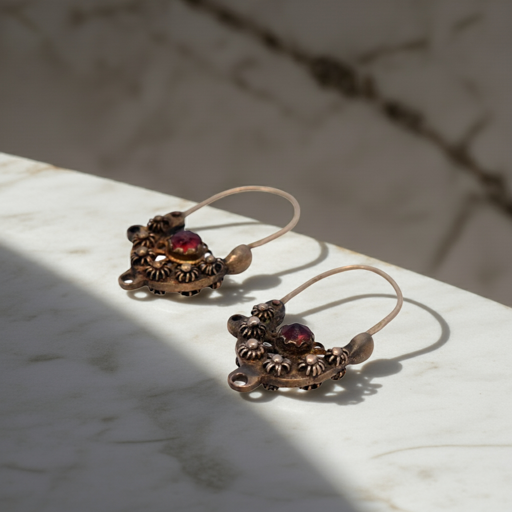Antique Balkan Silver Earrings with Faceted Red Stone