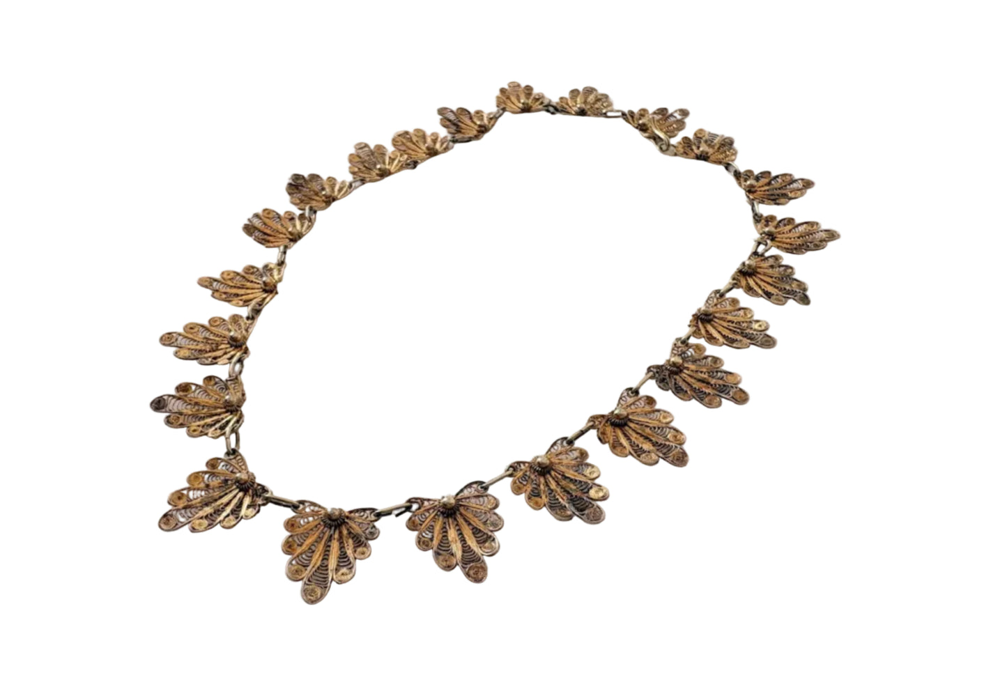 Decorative necklace with floral designs on a white background