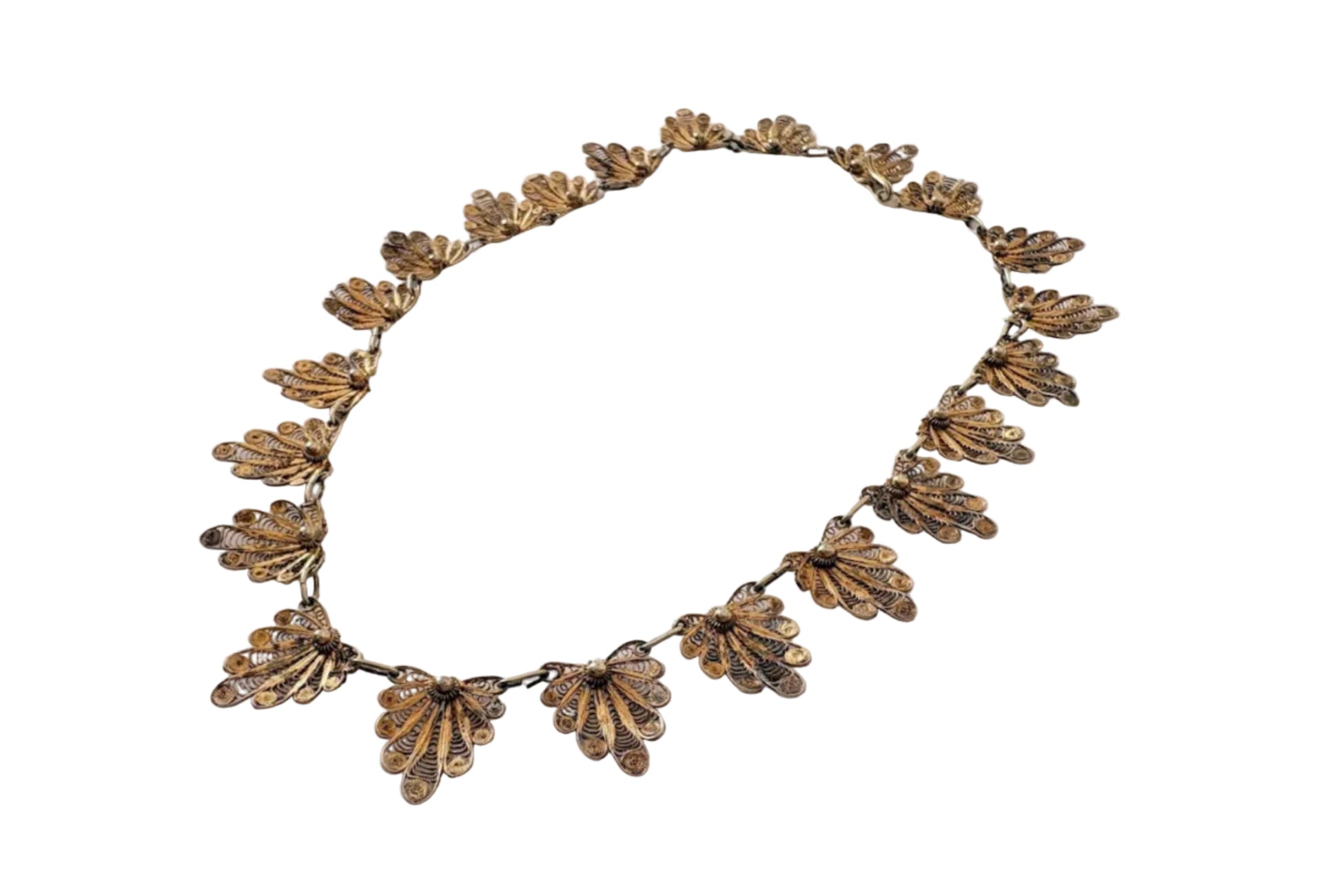 Decorative necklace with floral designs on a white background