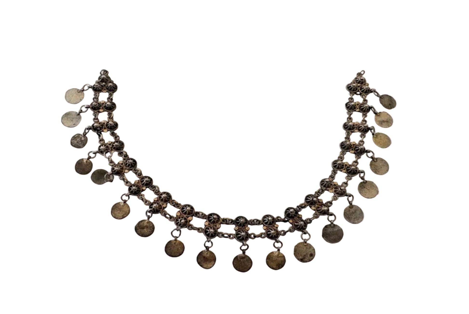 Necklace with coin pendants on a light gray background