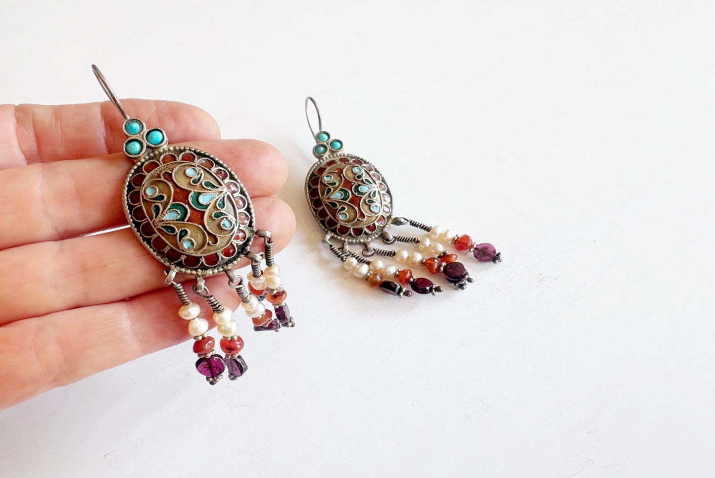 Afghani Uzbek Style Silver and Enamel Earrings with Pearls