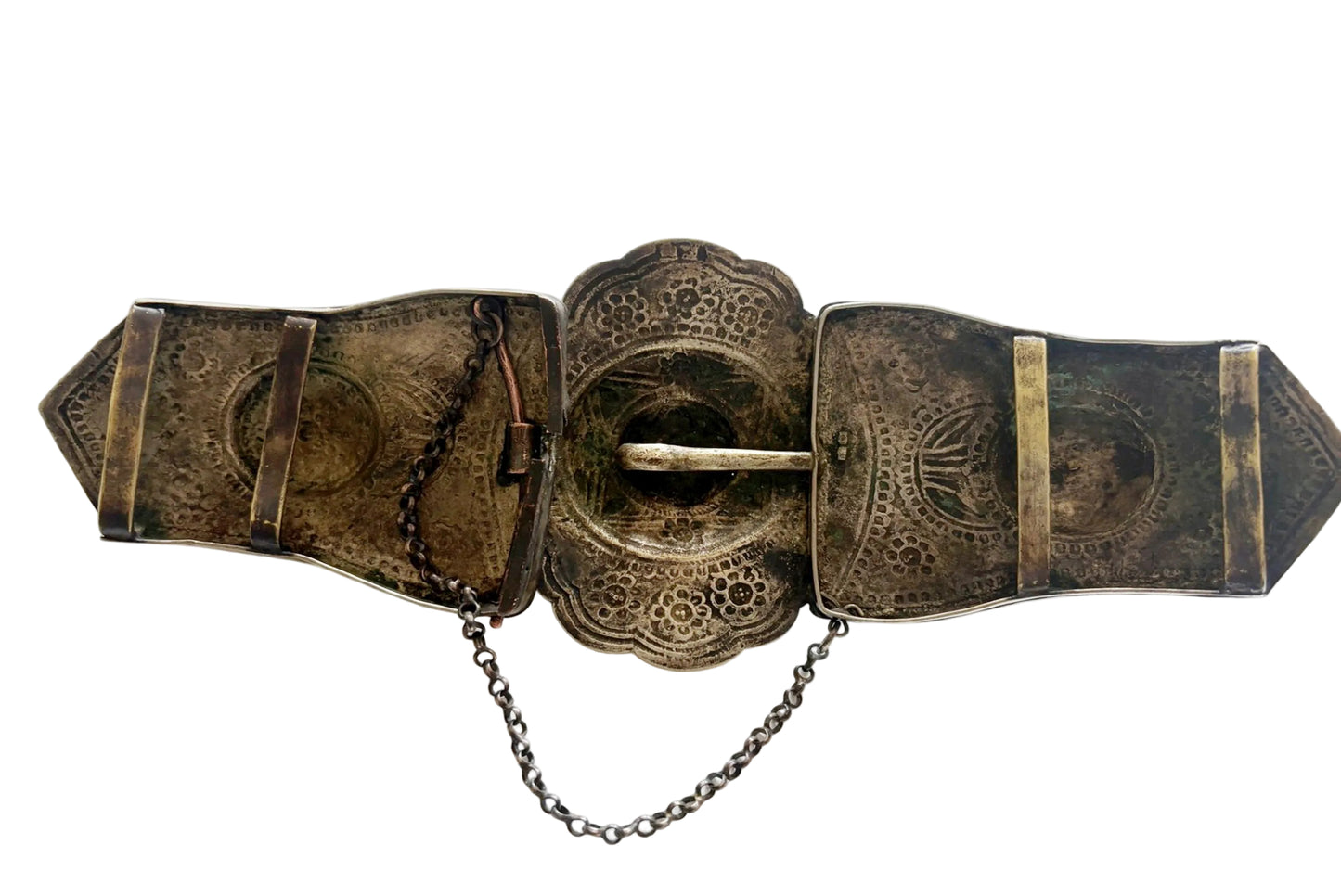 An antique brass belt buckle with intricate engraved floral patterns, a central padlock secured by a short chain, and three flanking plates, displayed on a white background.