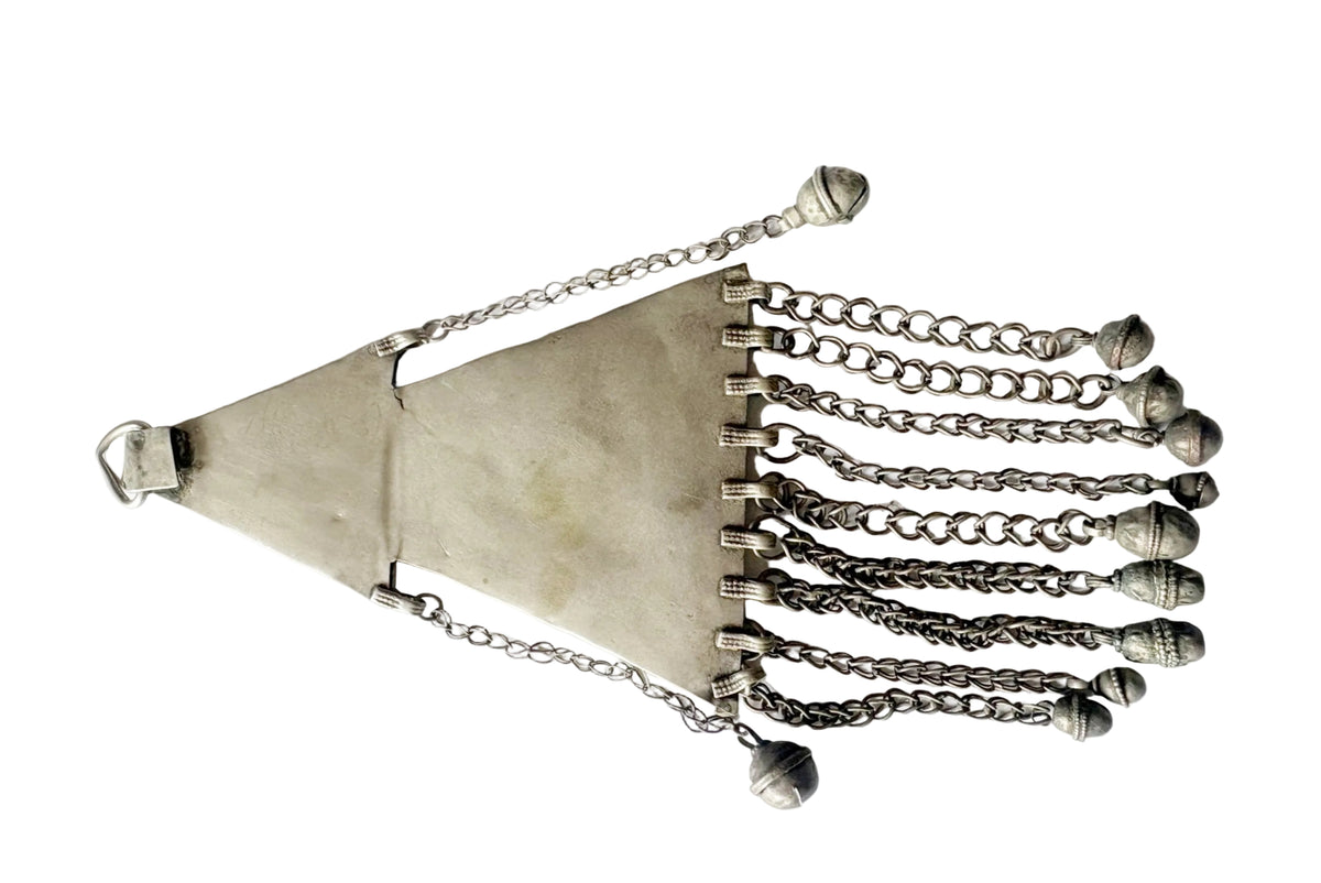 A vintage silver-toned metal wall hanging or decorative ornament with a triangular body, hanging chains, and multiple small bell-like finials, shown on a plain white background.