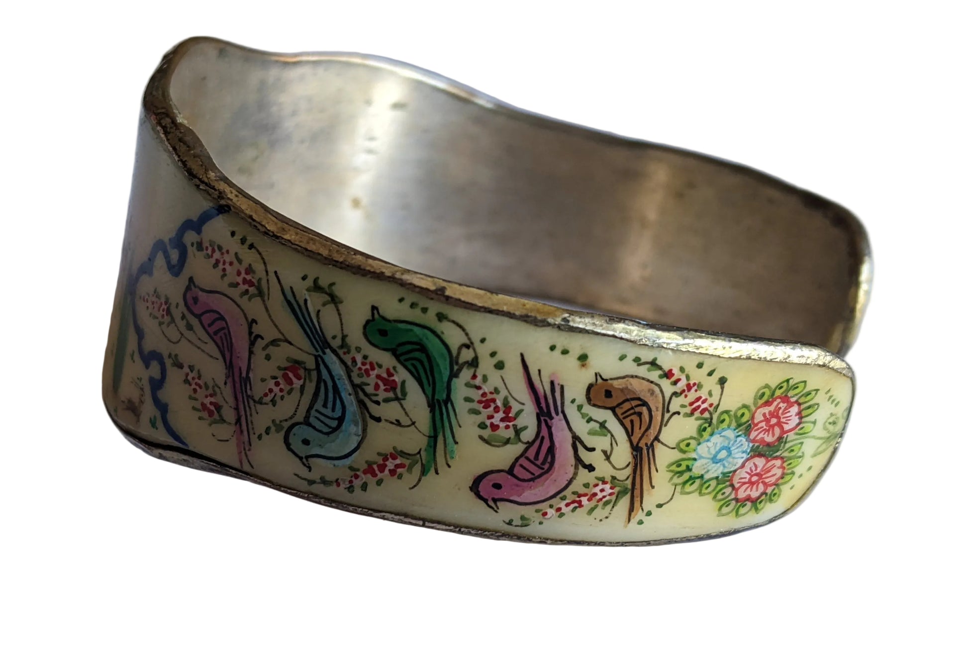 Decorative bracelet with painted birds and flowers on a white background