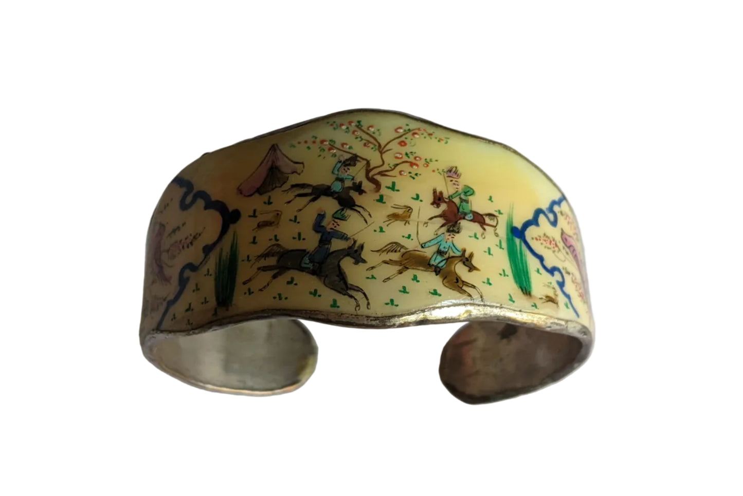 Decorative cuff bracelet with animal illustrations on a plain background