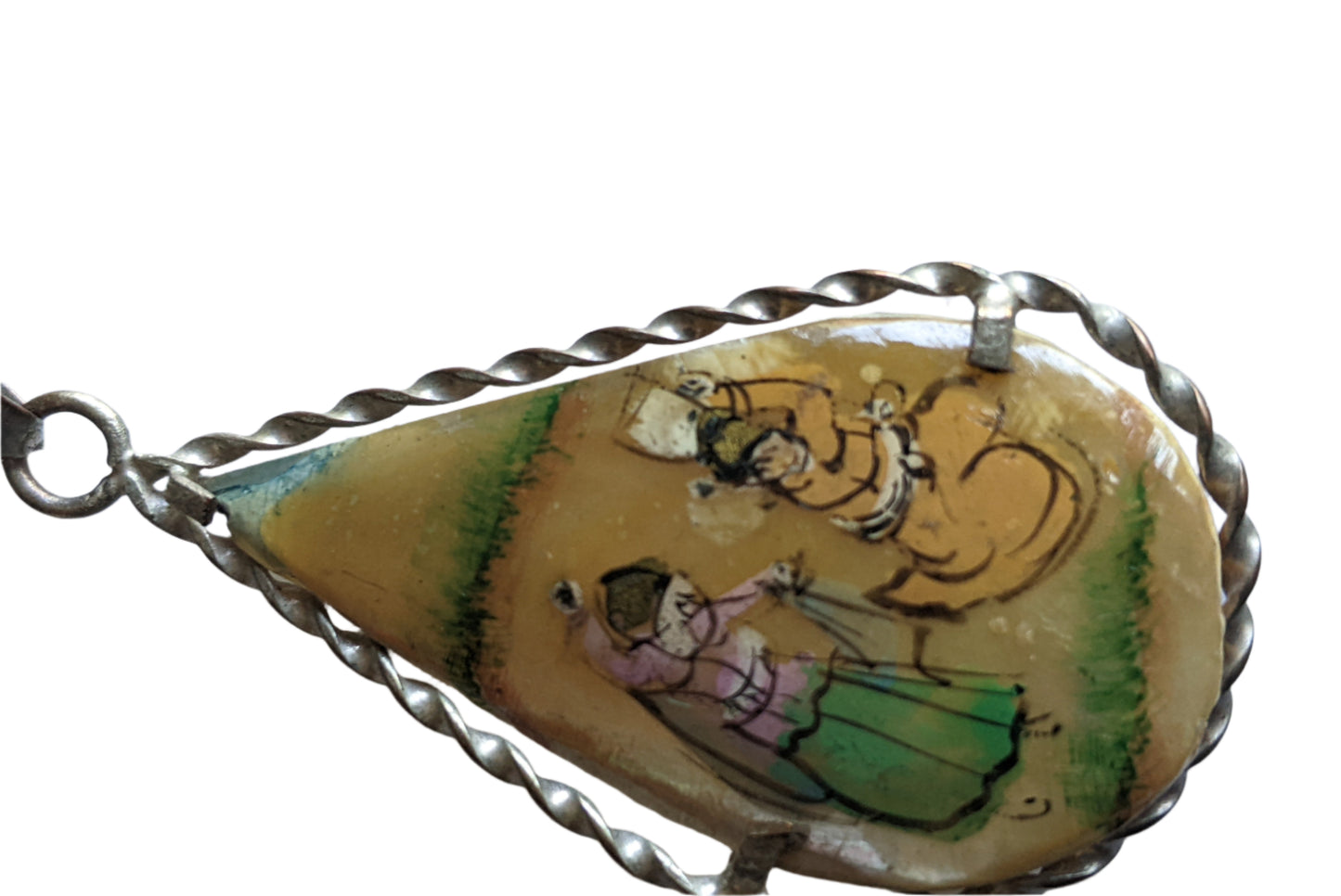 Vintage Middle Eastern Hand Painted Mother of Pearl Silver Necklace