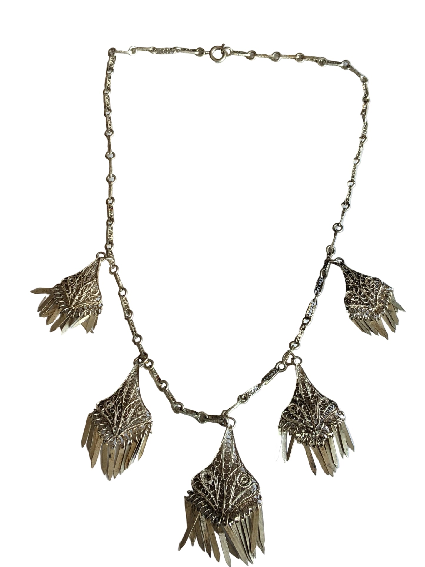 Vintage Delicate Silver Filigree Turkish Necklace with 5 Pendants