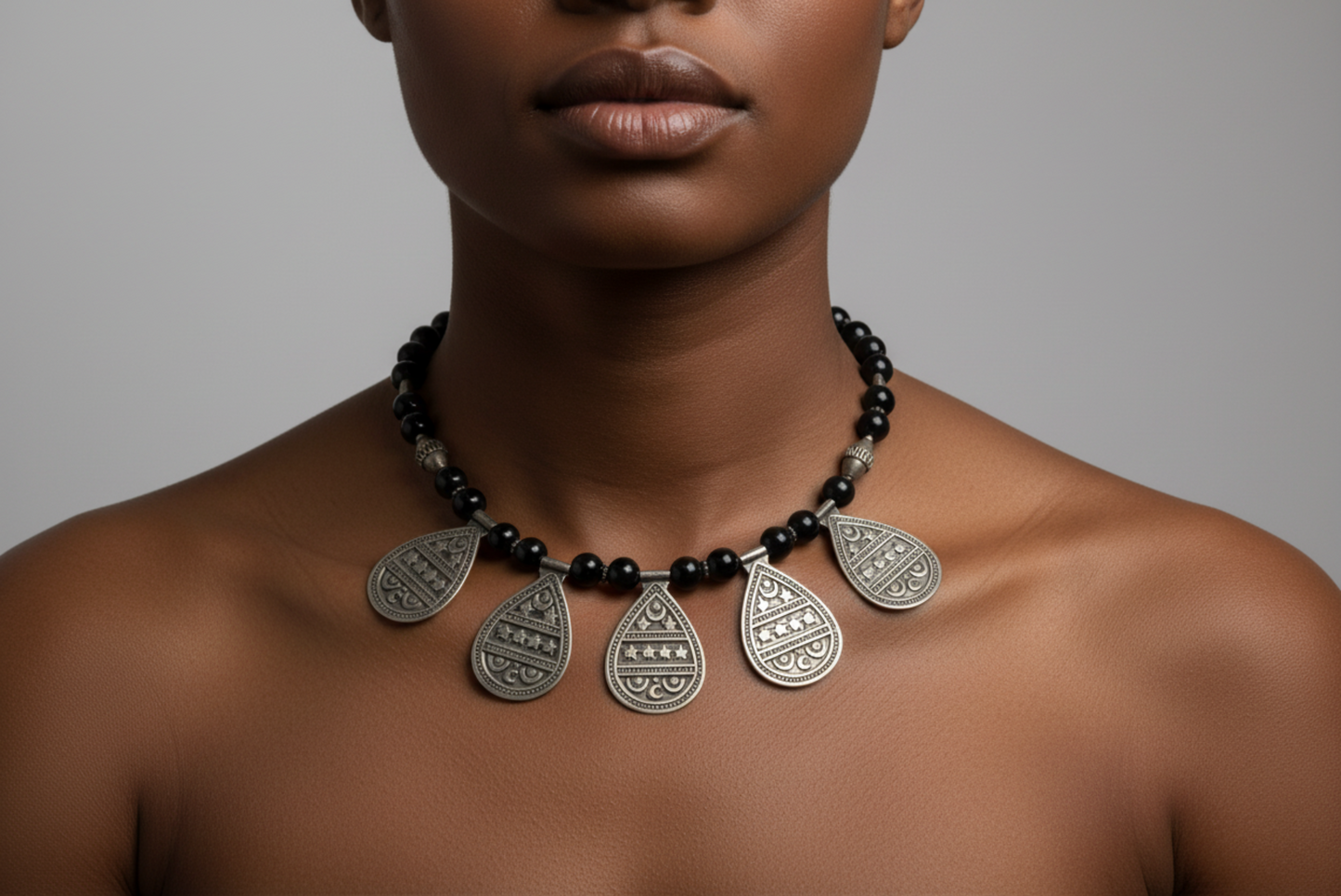 Vintage Silver and Onyx Egyptian Choker Necklace