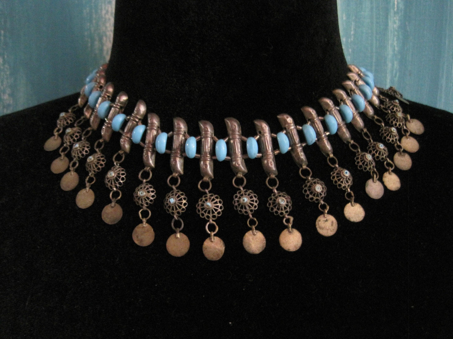 Antique Balkan Ottoman Silver and Blue Beads Choker Necklace - Anteeka