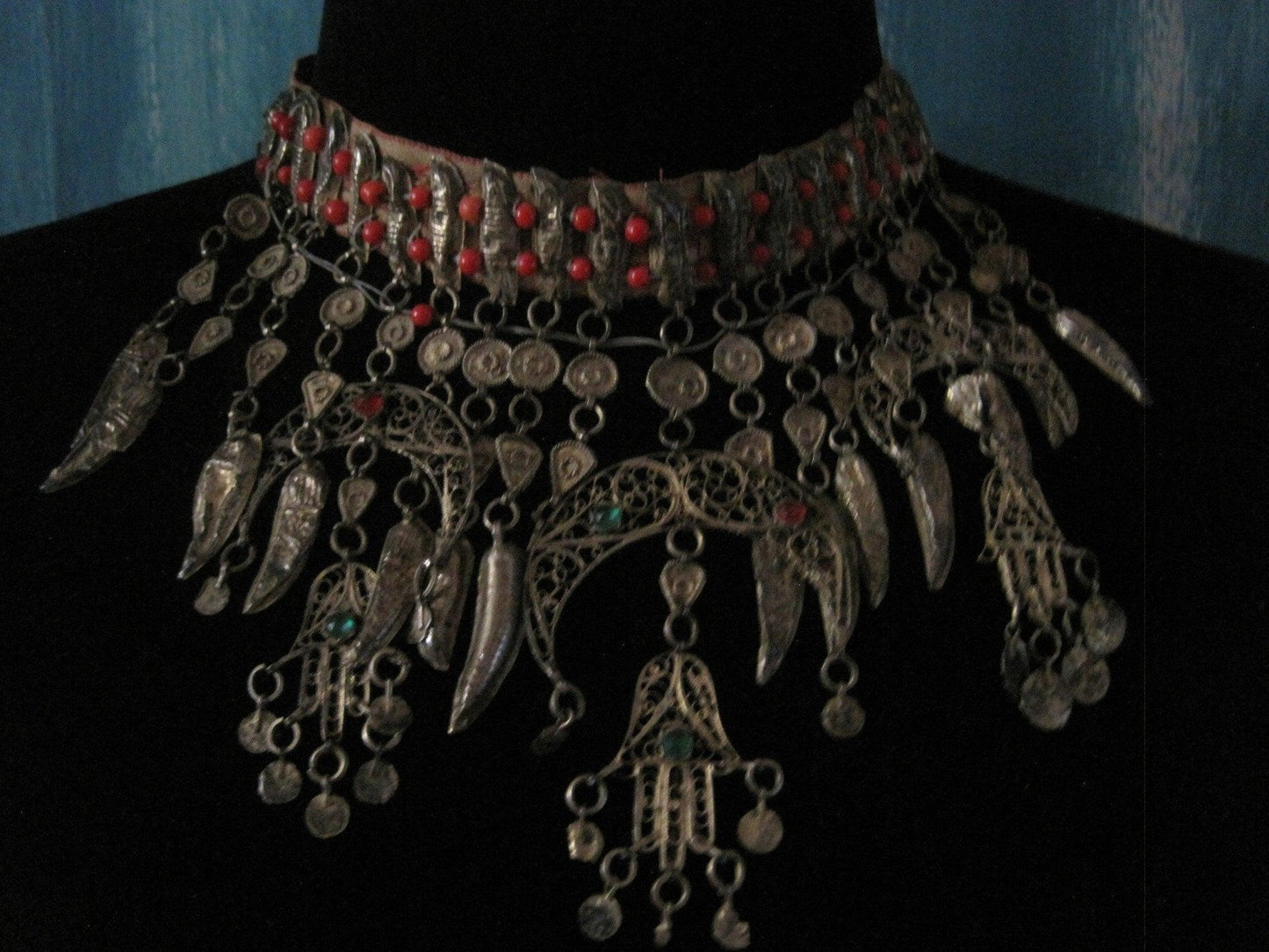 Antique Berber Gold Gilt Silver Choker Bib Necklace with Crescent Moons and Hands of Fatima - Anteeka
