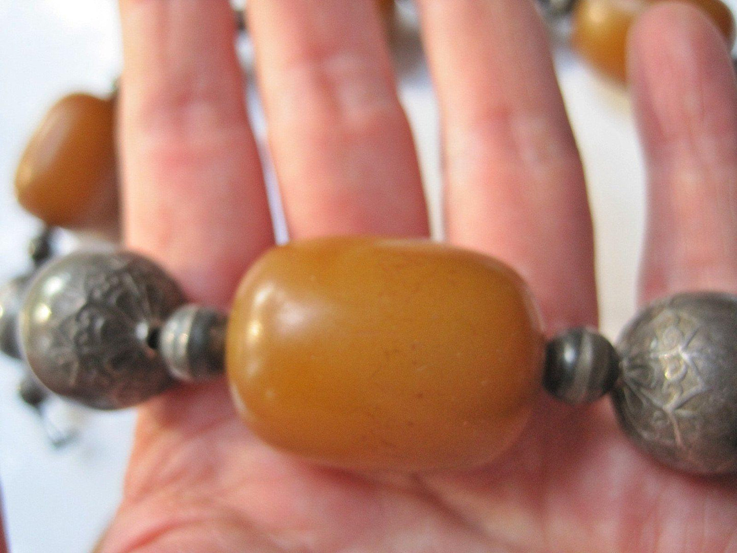 Antique Butterscotch Bakelite and Silver Necklace - Anteeka