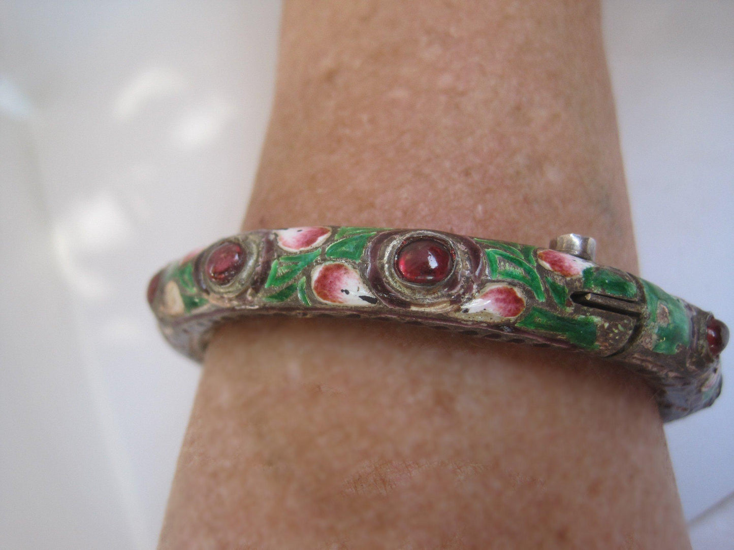 Antique Indian Enamel and Silver Bracelet or Kada - Anteeka