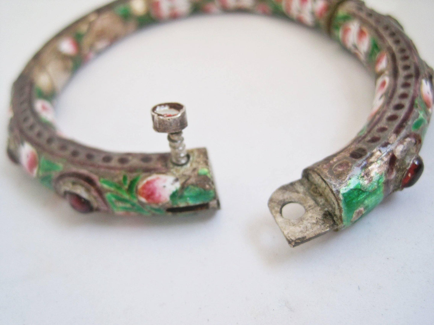 Antique Indian Enamel and Silver Bracelet or Kada - Anteeka