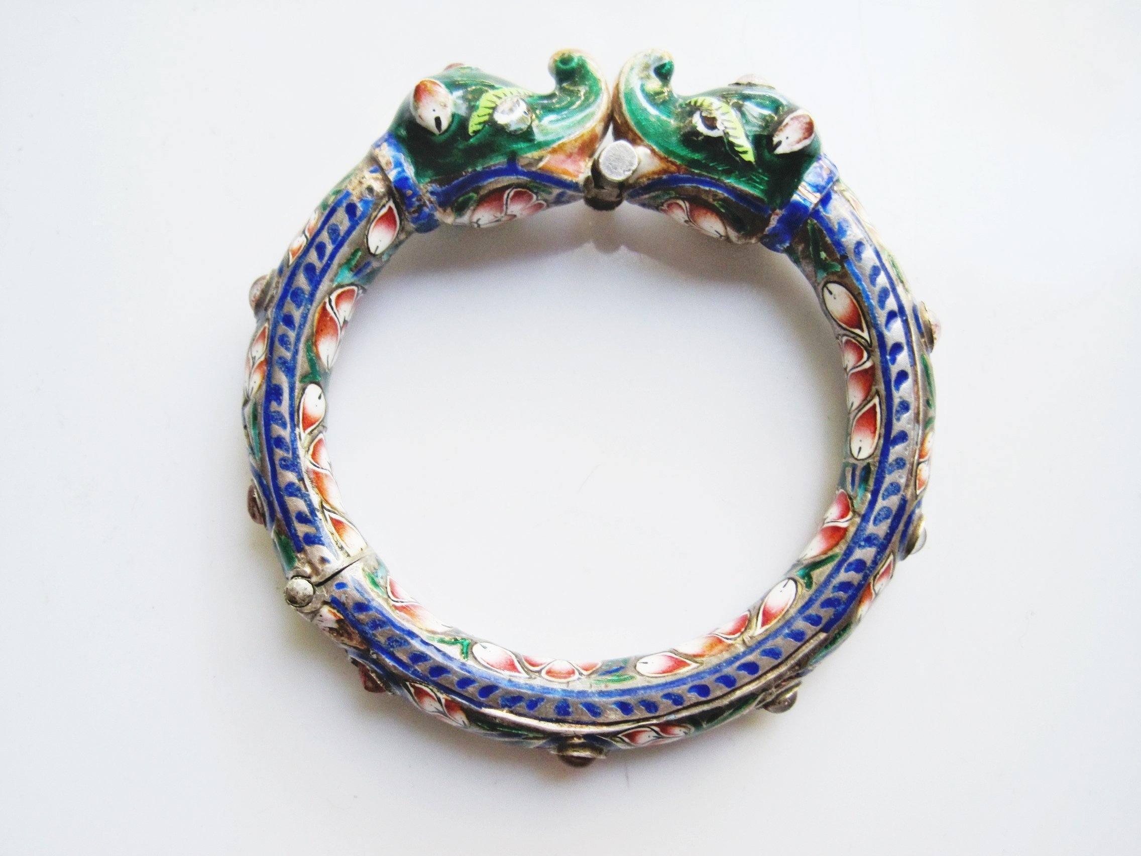 Antique Indian Silver and Enamel Double Elephant Head Bracelet from Benares Anteeka